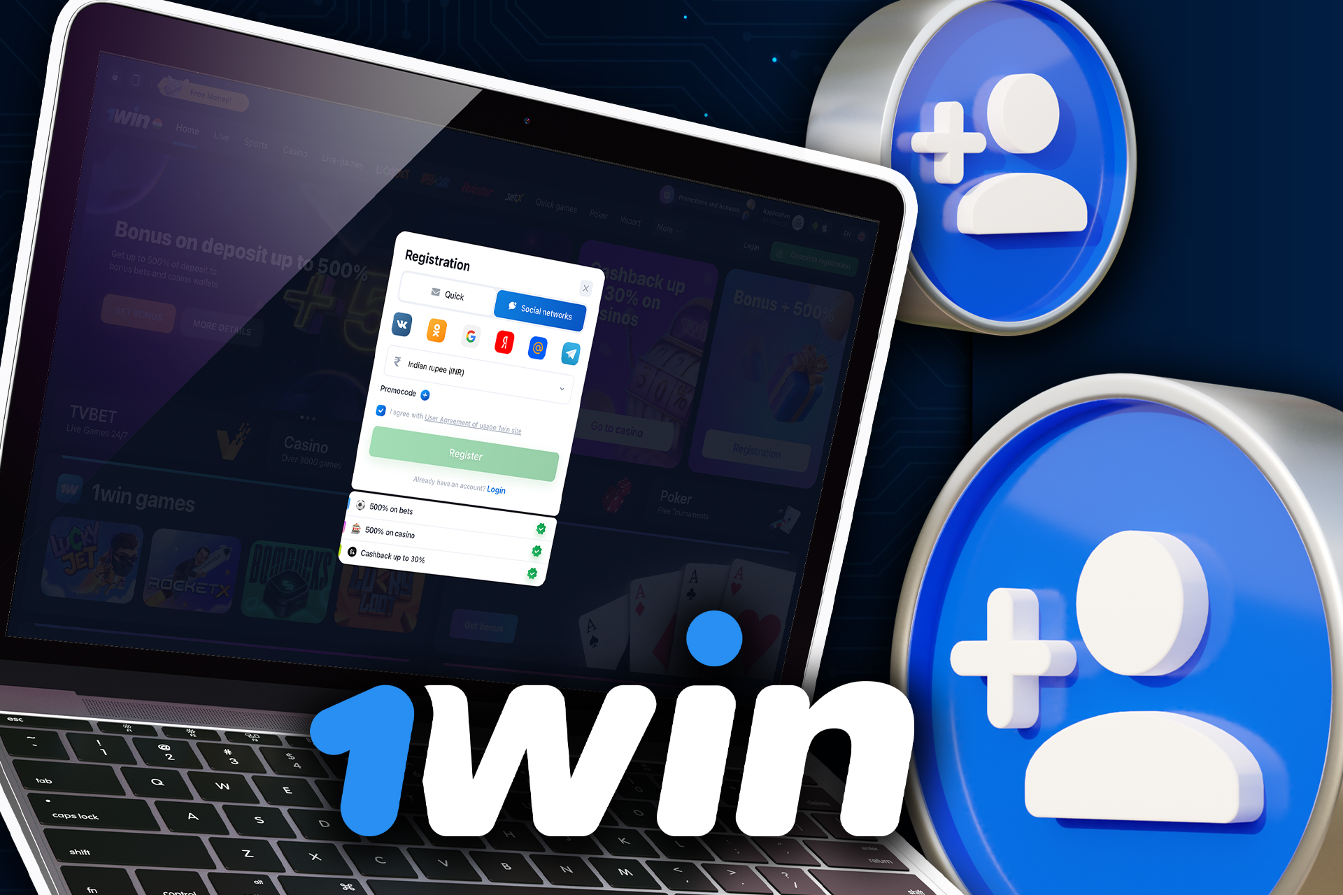 También puedes registrar una cuenta en 1win con las redes sociales.